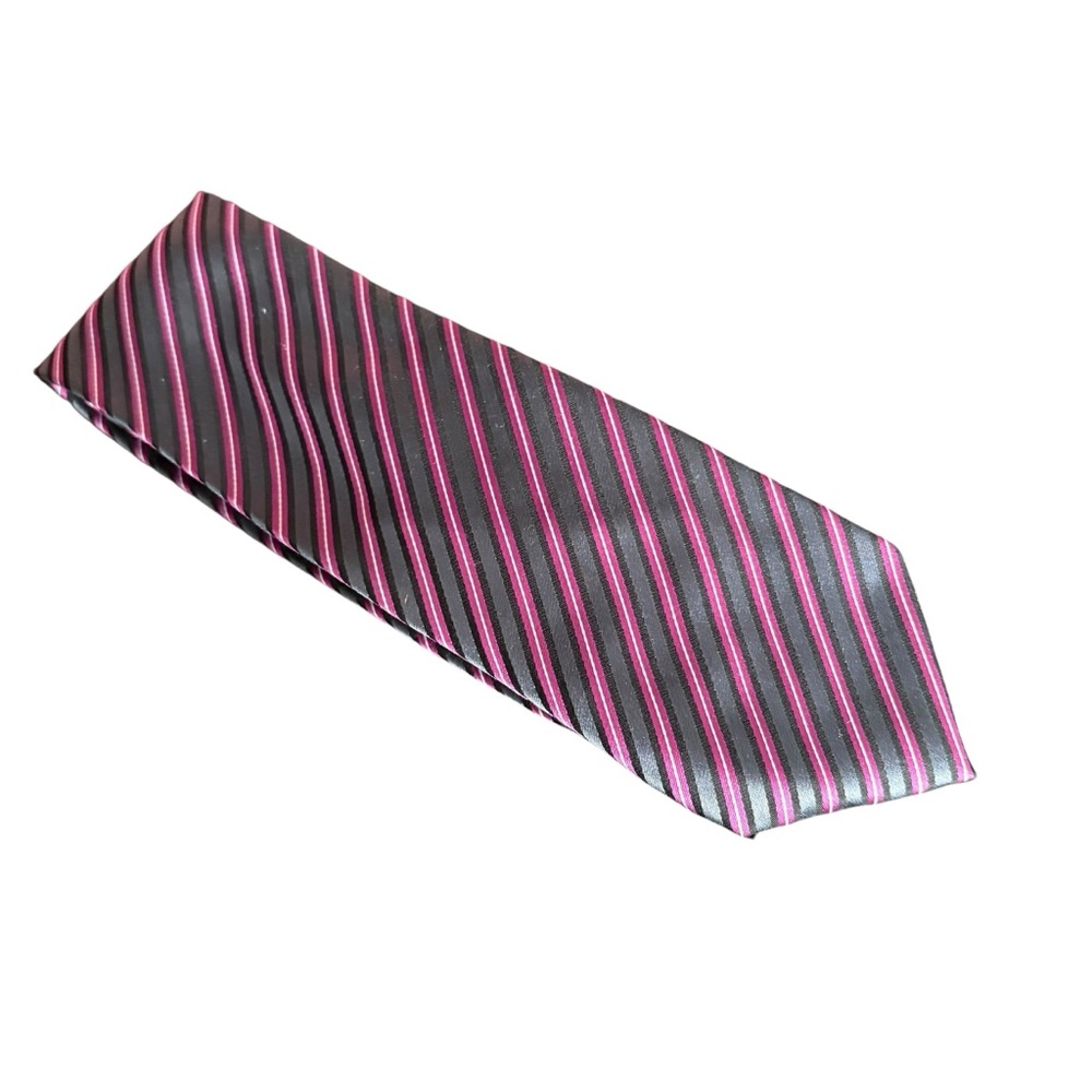 Men's Geoffrey Beene Pink Gray Black Striped Tie 59" x 3.25" 100% Silk‎ Handmade